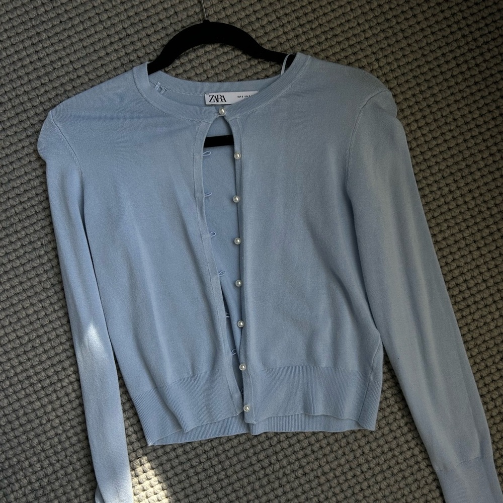 Zara Pale Blue Pearl-Button Cardigan